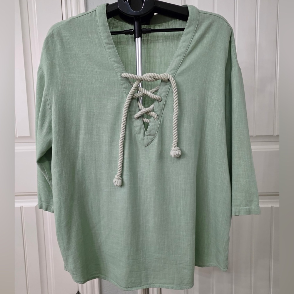 Mint Green Lace-Up Linen Shirt